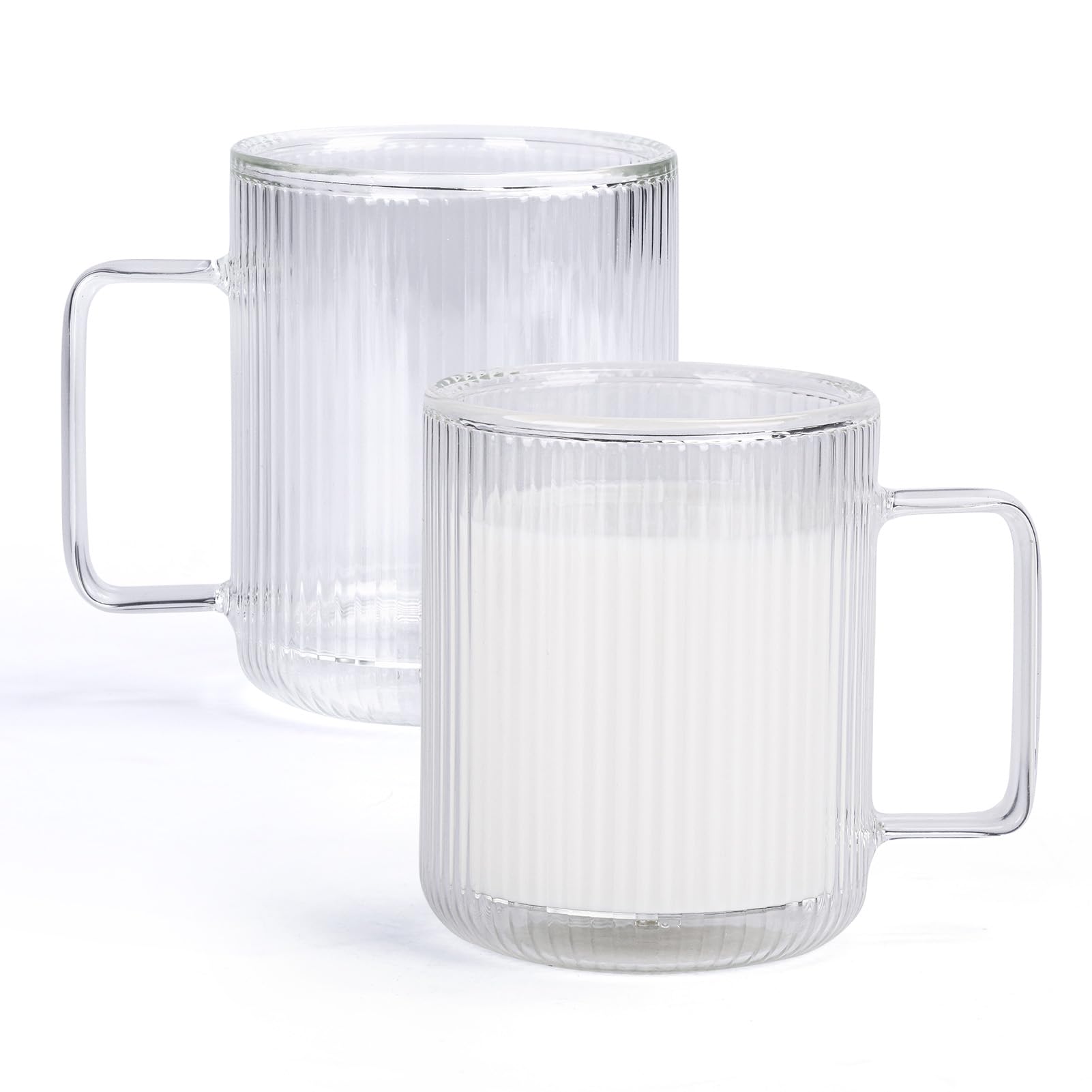 Schliersee Double Walled Glass Coffee Mug, 13.5 OZ Clear Ribbed Glassware Embossed Glass Cups with Handle for Cappuccino, Latte, Cereal, Yogurt, Beer, Milk, Hot or Cold Beverages Cup