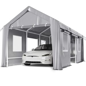 DEXSO 10'x20' Carport Windproof, Anti-High Wind Portable Garage, Reinforced Frames & 180 g PE Carport Canopy, with Front & Rear Doors, Shelter for Pickup, Boat, and Equipment, Silver Gray