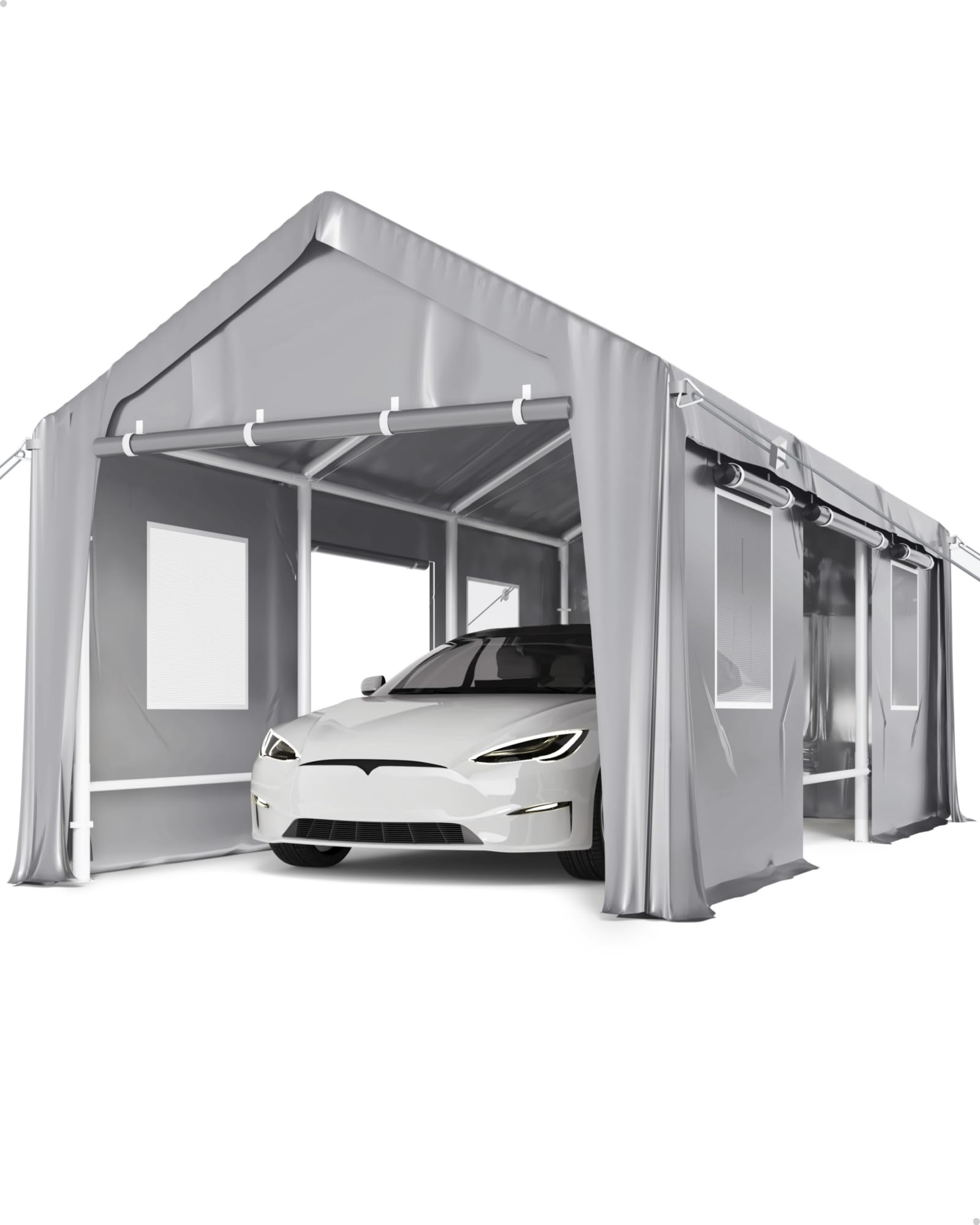 DEXSO 10'x20' Carport Windproof, Anti-High Wind Portable Garage, Reinforced Frames & 180 g PE Carport Canopy, with Front & Rear Doors, Shelter for Pickup, Boat, and Equipment, Silver Gray