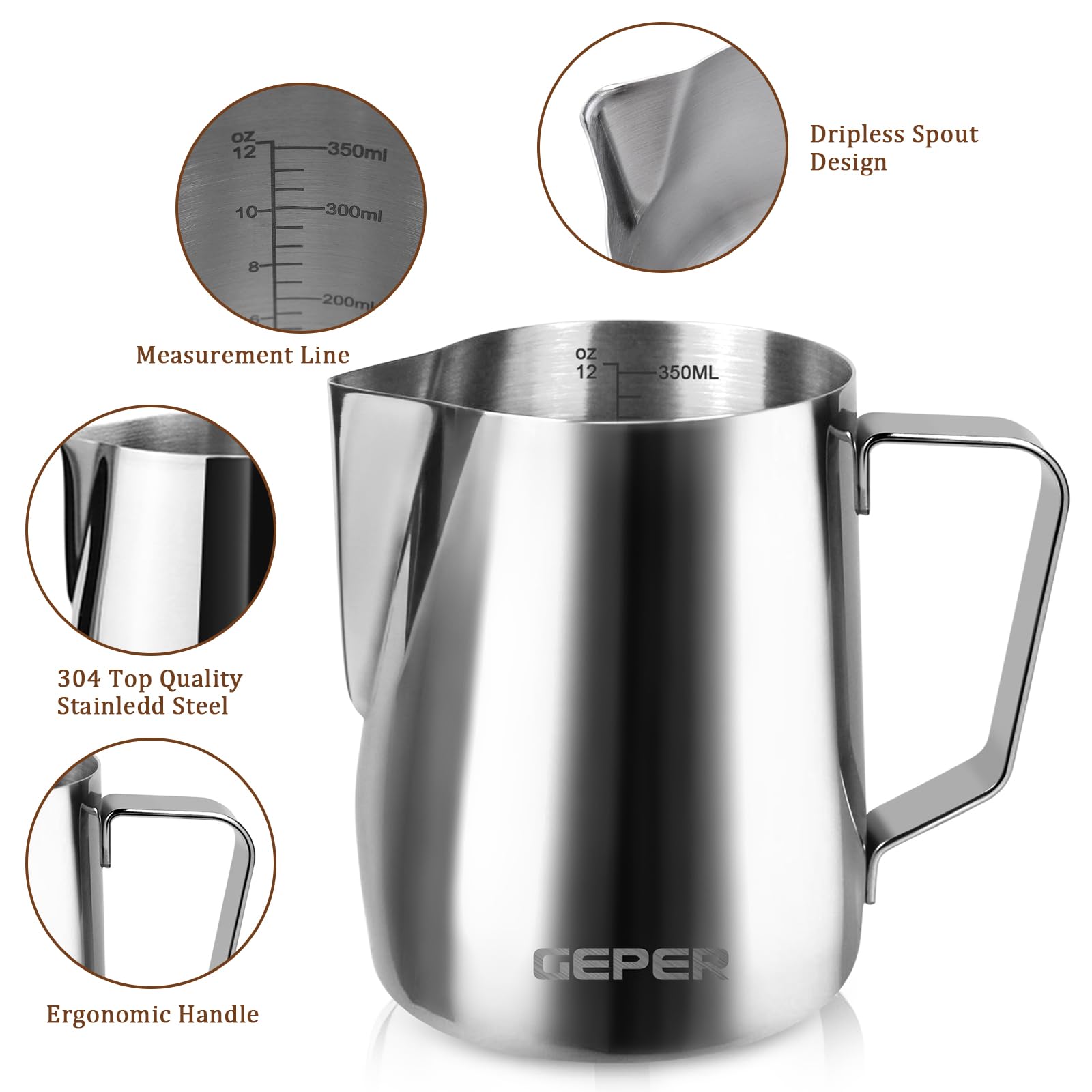 GEPER Milk Frothing Pitcher 350ml/600ml (12oz/20oz) Stainless Steel Milk Frother Cup, Espresso Machine Accessories, Coffee/Cappuccino/Latte Art Barista Steam Pitchers Milk Jug Cup with Art Pen,12oz