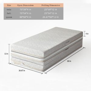 Owllight Mattress, Tri-fold Folding Memory Foam Mattress Topper with Washable Cover, Foldable Medium Firm Mattress for Floor, RV, 4 Inch (Queen)