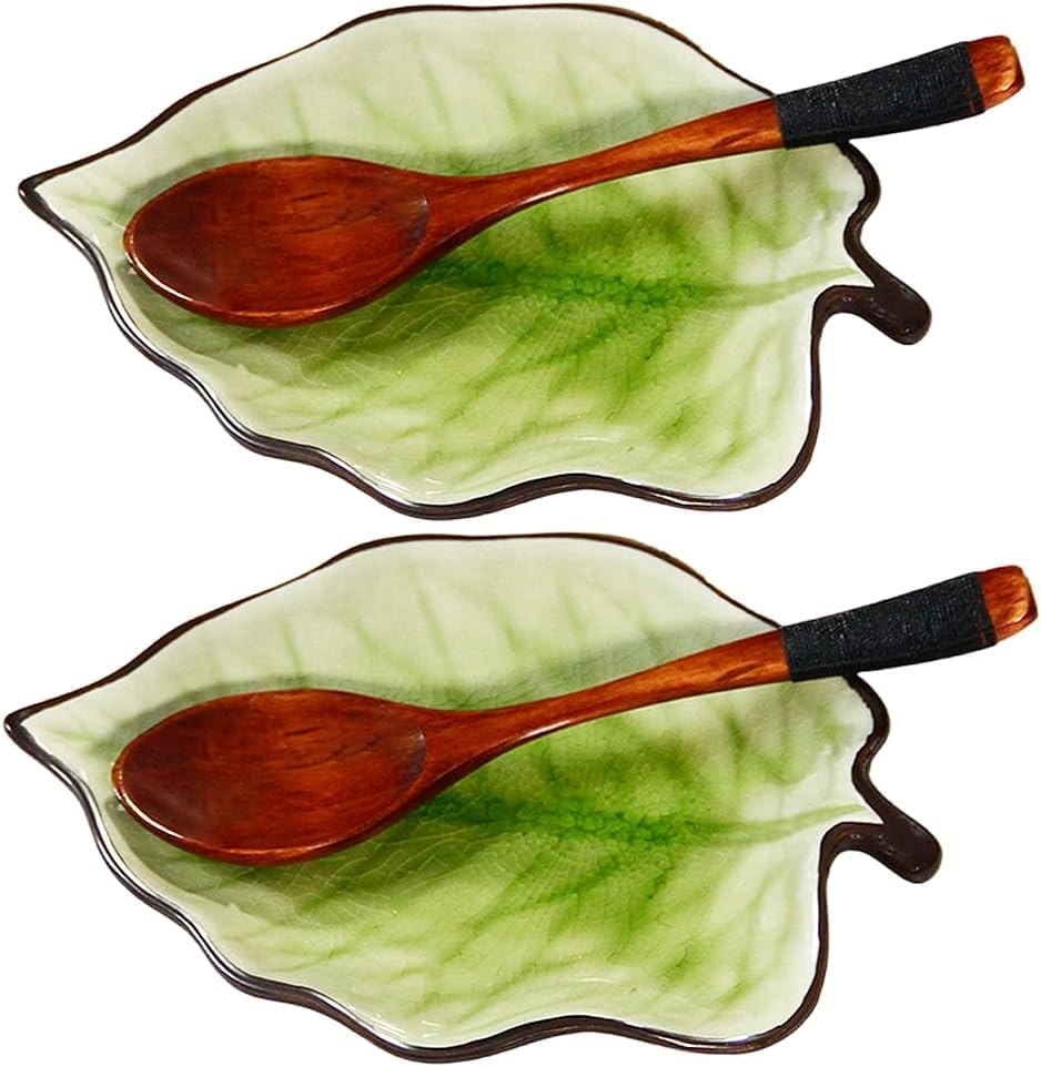 Lanxitown 2pcs Ceramic Spoon Rest Leaf Shaped Spoon Holder Coffee Spoon Rest Kitchen Spoon Rest for Modern Farmhouse Decor Spoon Holder for Kitchen Counter（No Spoon) (Green Leaf, 7.5"x5.1"x1")