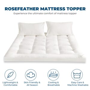 ROSE FEATHER Mattress Topper Queen, Mattress Pad Dorm Bedding, Bed Mattress Cover with Straps, Extra 2-inch Thick Mattress Pad Topper Cover with 100% 1500T Peach Skin Fabric(60"x80"), White