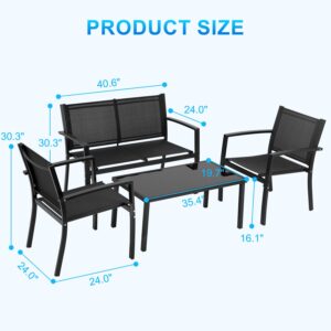 PayLessHere 4 Piece Outdoor Conversation Set for Patio Lawn Poolside with Glass Coffee Table Tempered Glass Tabletop Waterproof Set Textile Modern Conversation Set