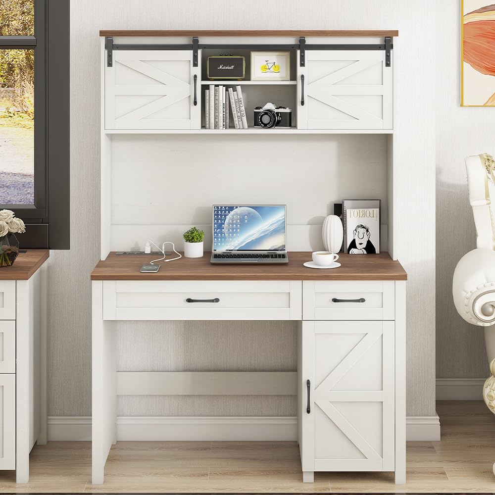 Vabches Farmhouse 47" Desk, Executive I-Shape with 3 Drawers, Storage Cabinet, Hutch, Charging Hub for Home Office