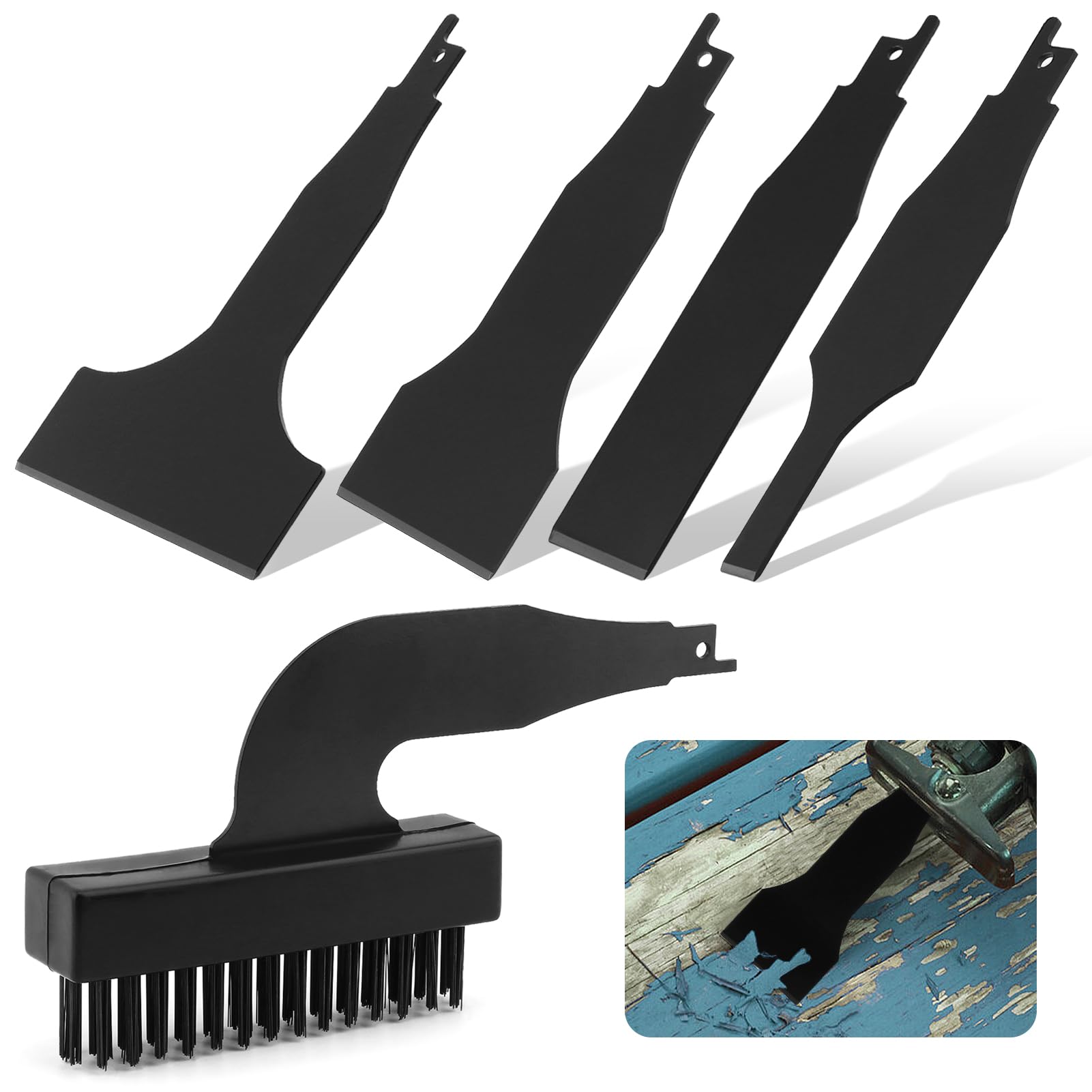 JIANWEI 5PCS Reciprocating Saw Spatula Brush Set, Nylon Wire Abrasive Brushes Reciprocating Blade Saw Cleaning Tool for Tile Cleaning, Floor Mud Cleaning, Wall Putty Removal(Black)