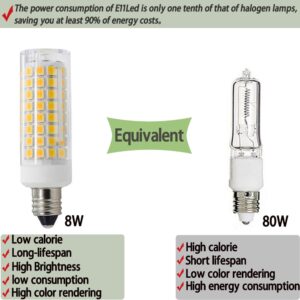 HXMLIHB E11 LED Bulb，JD T3/T4 E11 Mini Candelabra Base，8W Dimmable，80W Halogen Bulb Replacement，800LM,AC110V-130V,Warm White 3000K for Indoor Decorative Lighting(Pack of 2)