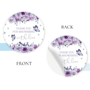 96pcs Purple Butterfly Round Stickers, Thank You for Fluttering by Stickers, Butterfly Birthday Stickers, Butterfly Thank You Stickers for Floral Themed Bridal Shower Party Favors