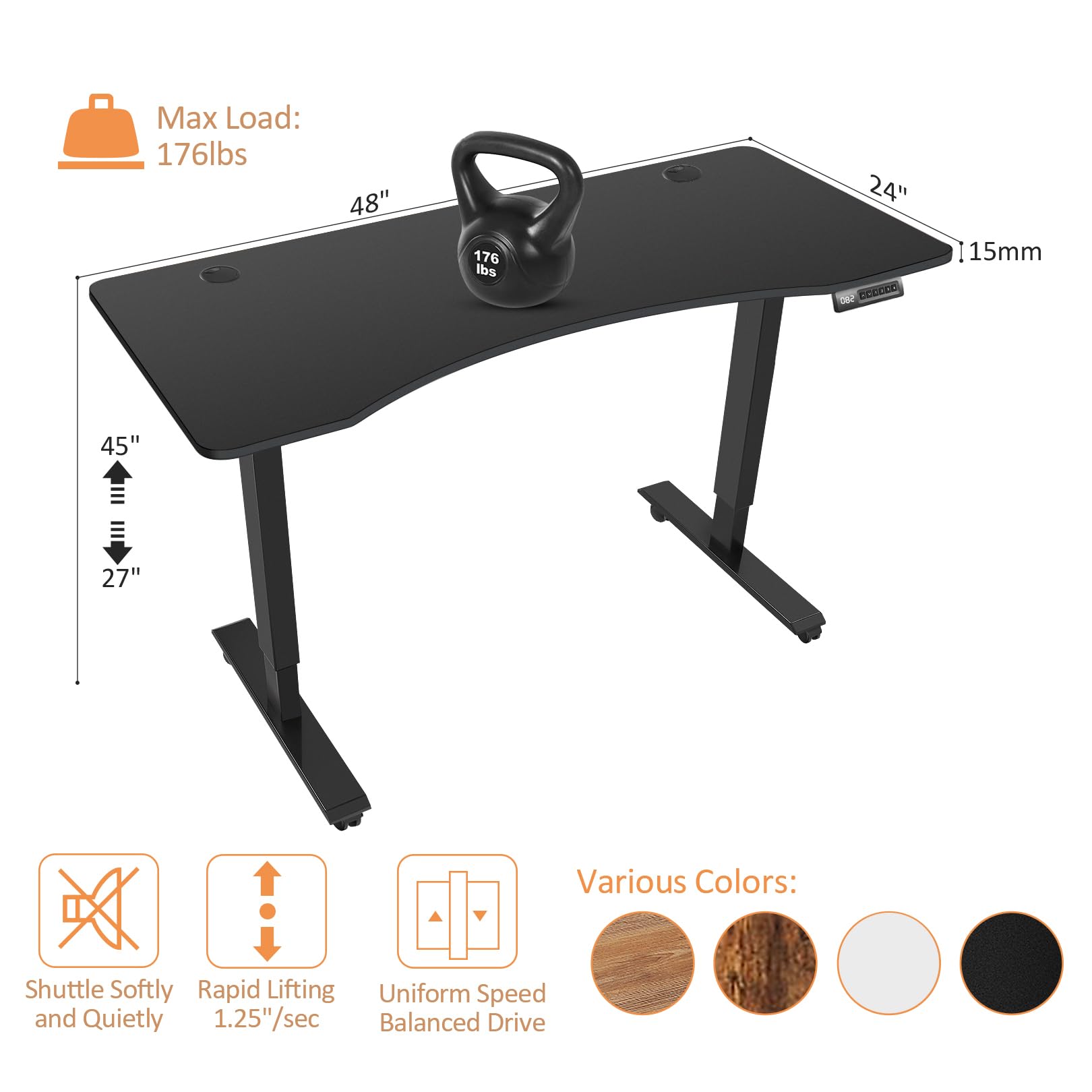 KORGOL Curved Electric Standing Desk 48 x 24 Inches Adjustable Height Ergonomic Sit Stand Up Desk for Home Office Computer Workstation Memory Preset with Wheels and Black Frame/Black Top