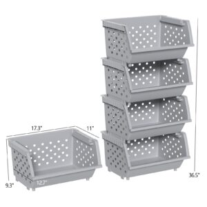 Udotry 4 Packs Plastic Stackable Storage Bins, Large Stacking Storage Baskets, Gray