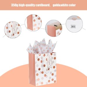 Dimetey 12pcs 9" Gift Bags, Medium Size Paper Bags with Tissue Paper, White Gold Wrap Paper Gift Bags with Handles for Shopping Party Wedding Baby Shower Holiday Presents (Rose Gold)