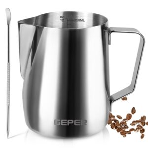 geper milk frothing pitcher 350ml/600ml (12oz/20oz) stainless steel milk frother cup, espresso machine accessories, coffee/cappuccino/latte art barista steam pitchers milk jug cup with art pen,12oz