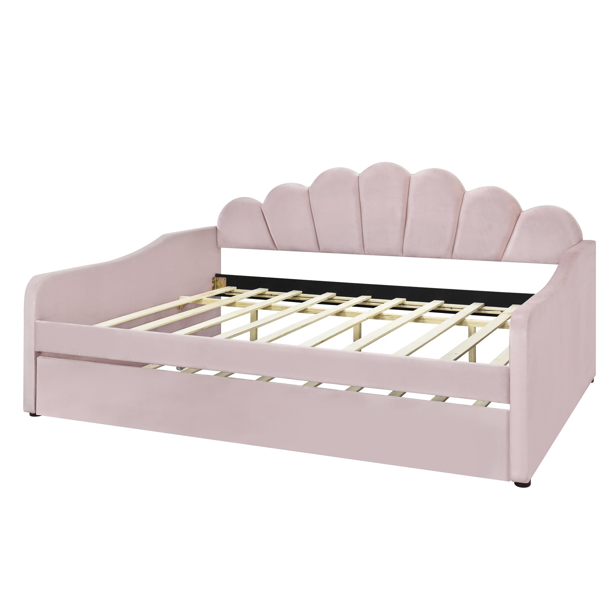 SOFTSEA Daybeds with Trundle, Full Upholstered Daybed with Trundle, Pink Modern Velvet Upholstered Daybed with Shell Headboard, Full Size Tufted Sofa Bed Daybed Frame for Bedroom, Pink