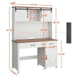 Vabches Farmhouse 47" Desk, Executive I-Shape with 3 Drawers, Storage Cabinet, Hutch, Charging Hub for Home Office