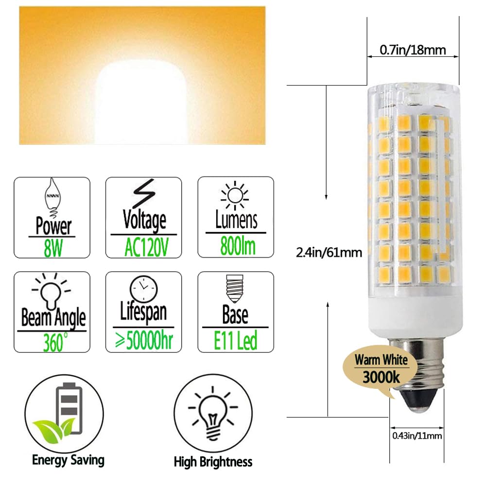 HXMLIHB E11 LED Bulb，JD T3/T4 E11 Mini Candelabra Base，8W Dimmable，80W Halogen Bulb Replacement，800LM,AC110V-130V,Warm White 3000K for Indoor Decorative Lighting(Pack of 2)