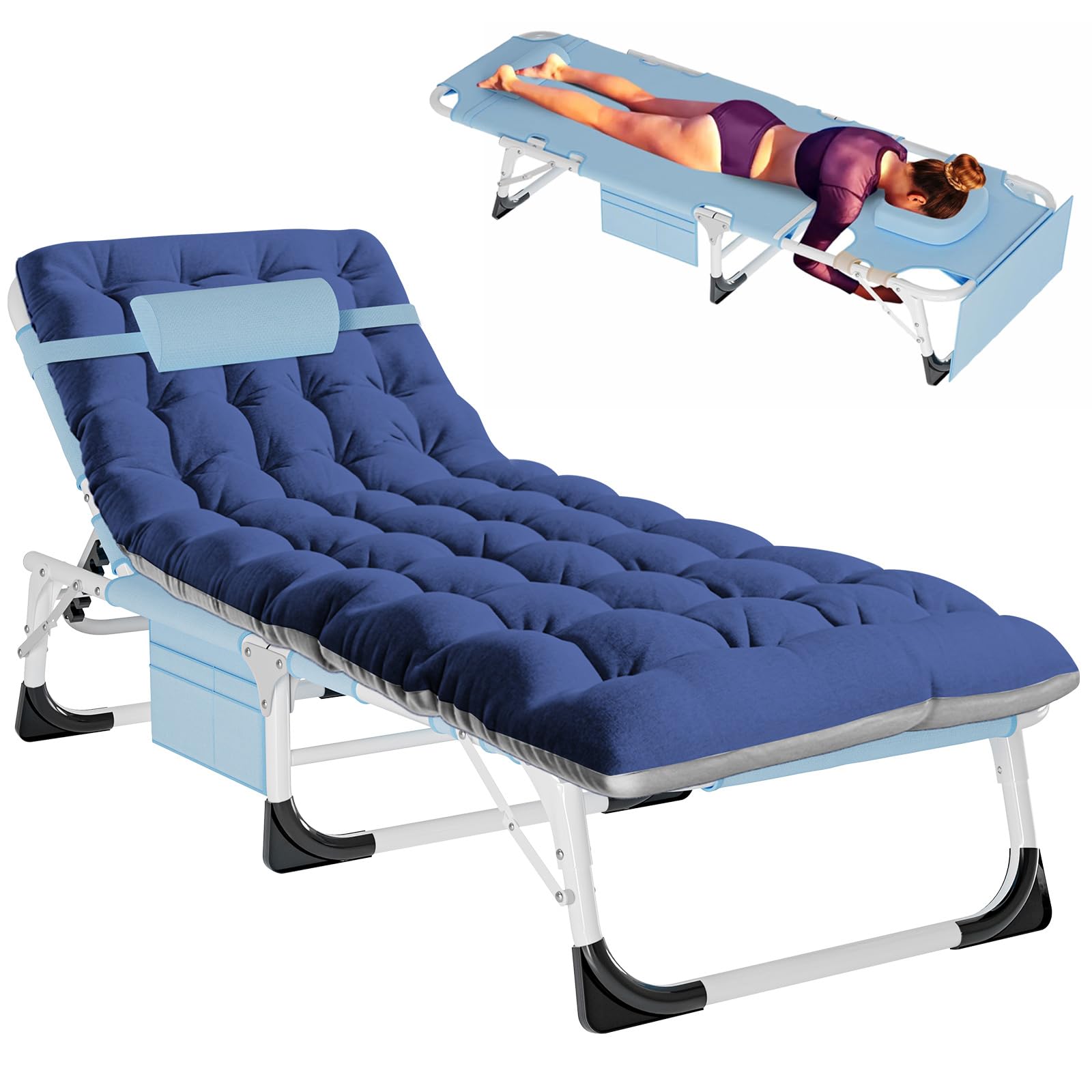 Barbella Heavy Duty Tanning Chair Lounge Chair, Folding Beach Lounger with Face Arm Hole, Adjustable 5-Position Patio Chaise Lounges for Patio, Poolside, Lawn Outside Sunbathing, Acid Blue