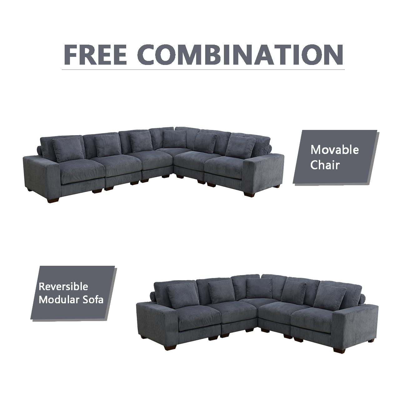 A Ainehome Modular Sectional Sofa Set, Living Room Furniture Sets Oversized L-Shaped Sofa Set 6-Seat Modular Large Sectional Couch for Living Room(C-Dark Grey Corduroy)