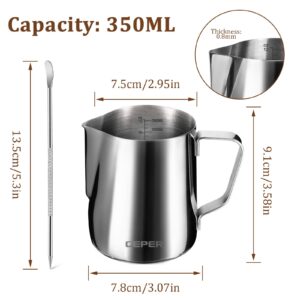 GEPER Milk Frothing Pitcher 350ml/600ml (12oz/20oz) Stainless Steel Milk Frother Cup, Espresso Machine Accessories, Coffee/Cappuccino/Latte Art Barista Steam Pitchers Milk Jug Cup with Art Pen,12oz