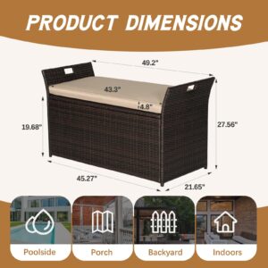 Patiomore 90 Gallon Outdoor Wicker Storage Bench with Cushion, Patio PE Rattan Deck Box with Handles (Brown)