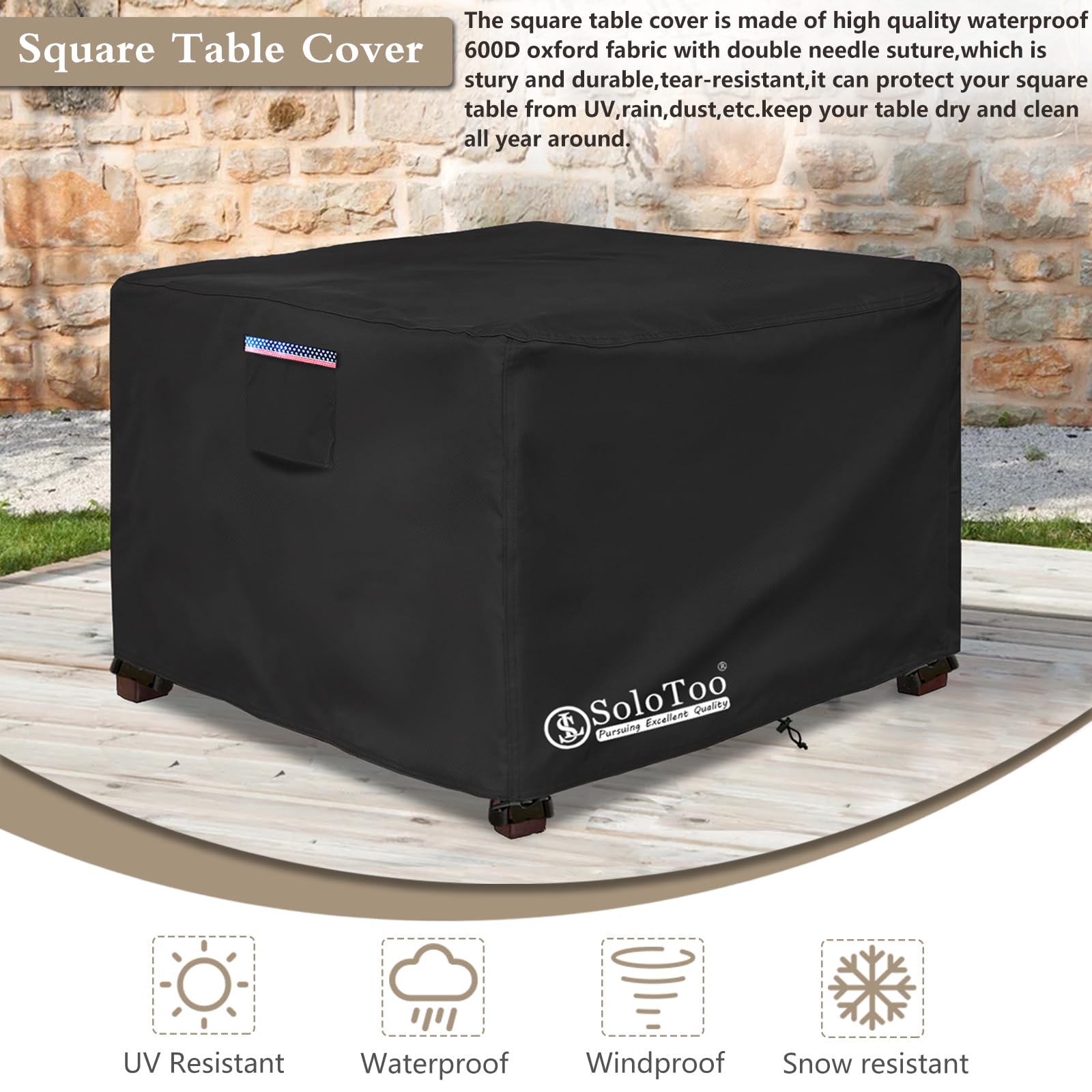 SoloToo Outdoor Square Table Cover Waterproof,54 Inch Square Patio Table Cover Used for Garden,Lawn and Backyard - 54 X 54 X 28 Inch (Black)