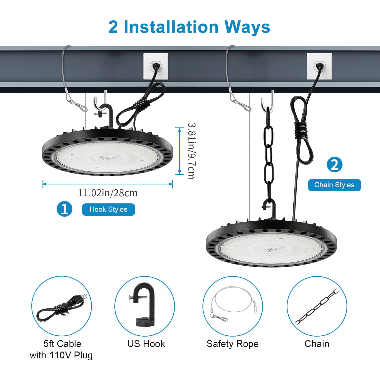 WOWSPEED 200W LED High Bay Light 20 Packs, 5000K Bright UFO LED High Bay Lights 20000LM with US Plug 5FT Cable,IP65 LED UFO Bay Lighting with Chain&Safety Rope for Warehouse Workshop Factory Garage