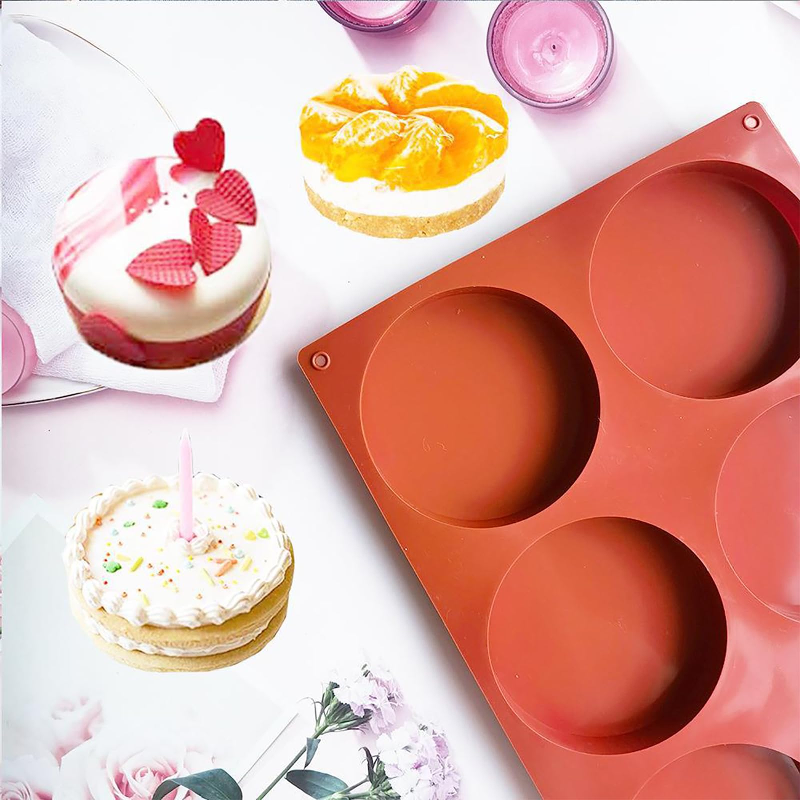 2 PACK Non-Stick Silicone Egg Molds, Round Pancake Top Baking Sray, Breakfast Sandwich, Corn Bread, Ubi Pie, Pastry and Egg Mold, Paired with Floral Mouthpiece