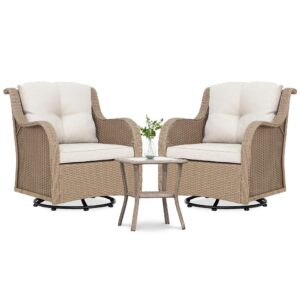 J.M.Deco Outdoor Swivel Rocker Patio Chairs Set of 2 and Matching Side Table - 3 Piece Wicker Patio Bistro Set with Premium & Soft Fabric Cushions for Porch, Backyard, Balcony (Light Brown)