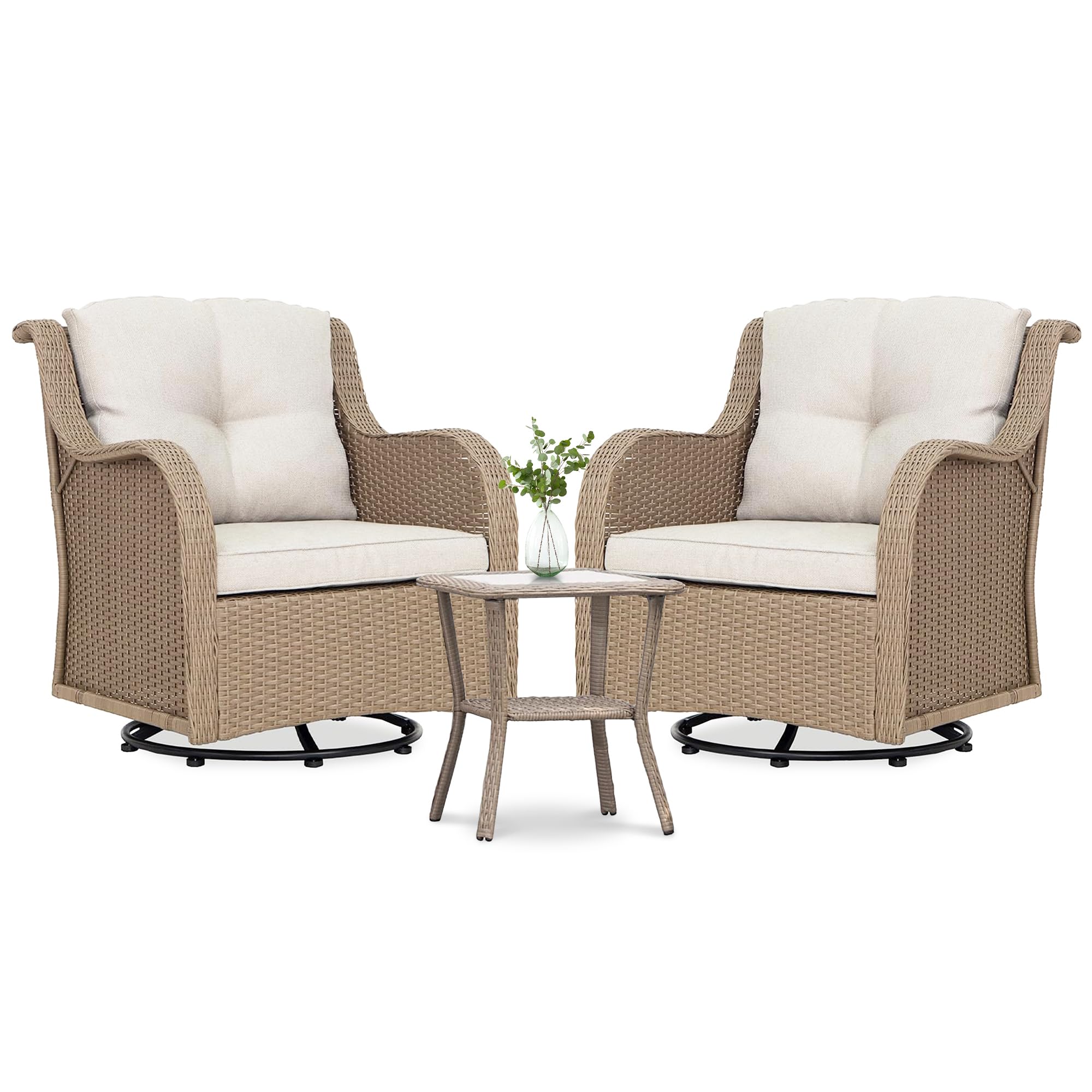 J.M.Deco Outdoor Swivel Rocker Patio Chairs Set of 2 and Matching Side Table - 3 Piece Wicker Patio Bistro Set with Premium & Soft Fabric Cushions for Porch, Backyard, Balcony (Light Brown)