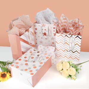 Dimetey 12pcs 9" Gift Bags, Medium Size Paper Bags with Tissue Paper, White Gold Wrap Paper Gift Bags with Handles for Shopping Party Wedding Baby Shower Holiday Presents (Rose Gold)