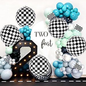 Checkered Balloons, 22 Inch Checkered Round Foil Balloons, 6 Pcs Black and White Checkerboard Mylar Sphere Balloons for Race Car Birthday Party Decorations Supplies