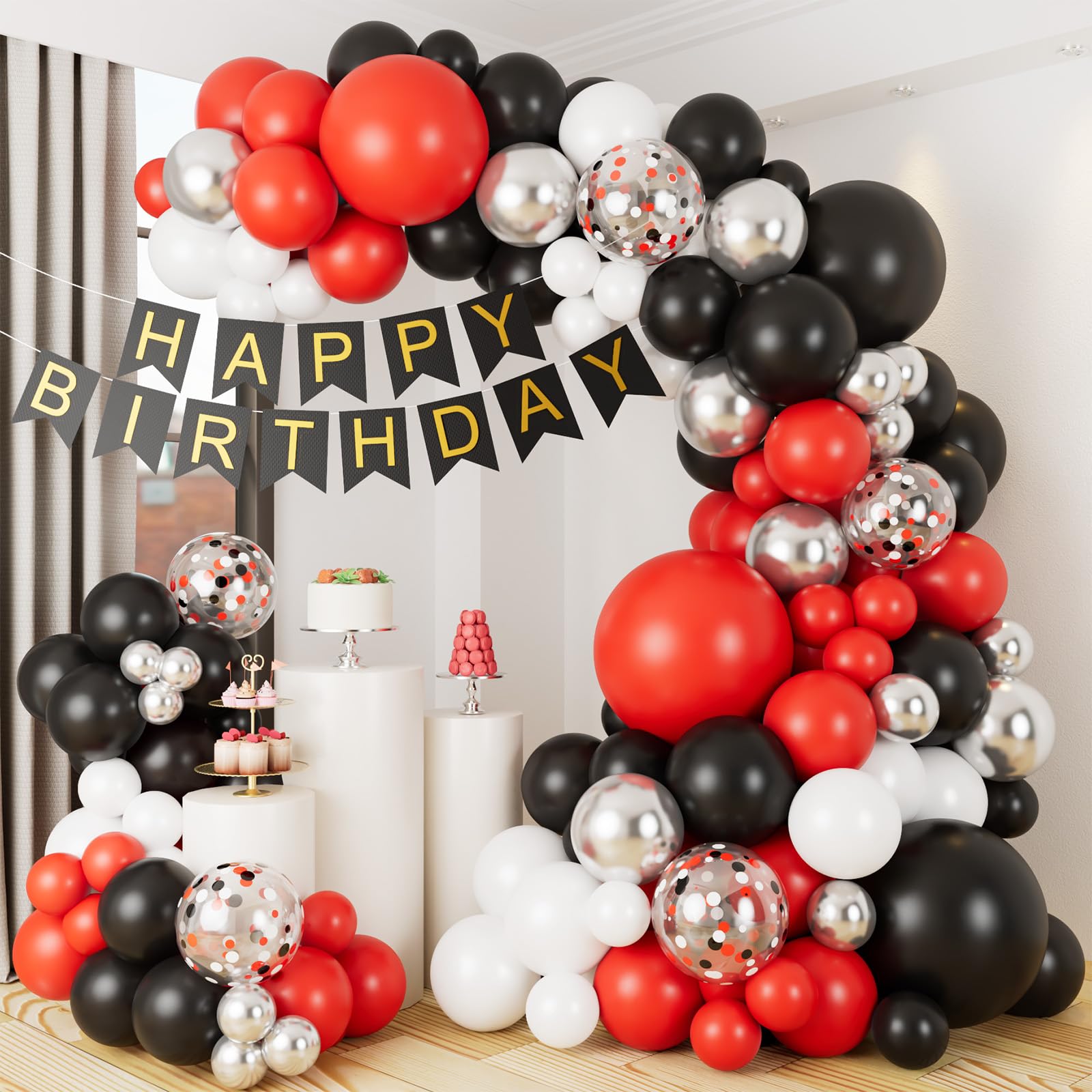 Grcypa Red Black and White Balloon Garland Arch Kit with Red Black White Silver Balloons Confetti Balloons for Graduation Baby Shower Birthday New Year Wedding Racing Car Poker Party Decorations