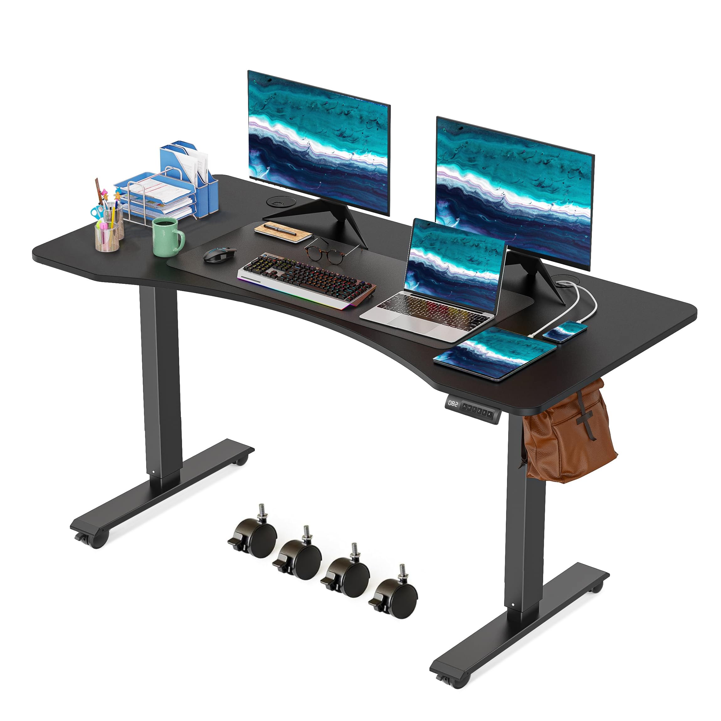 KORGOL Curved Electric Standing Desk 48 x 24 Inches Adjustable Height Ergonomic Sit Stand Up Desk for Home Office Computer Workstation Memory Preset with Wheels and Black Frame/Black Top