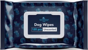 noveha dog wipes - odor eliminating and cleaning grooming wipes for dog's paws, body, and butt - perfect for puppy and adult dogs - plant-based, safe, convenient & large unscented wipes (120 counts)