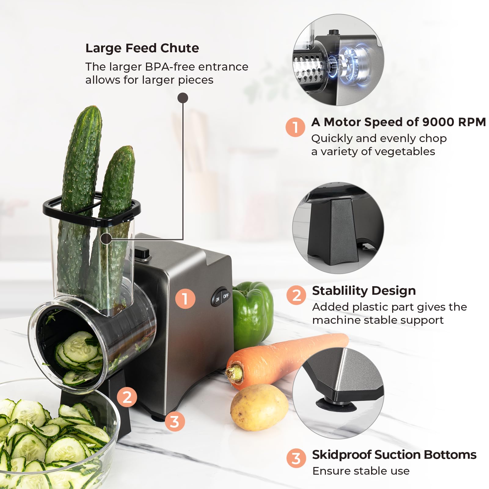 X Home Electric Cheese Grater, Electric Slicer Shredder for Vegetable, Cheese, Salad, Cucumber, Carrots, Potatoes, One-Touch Start & Easy to Clean, 5 Blades, Gray