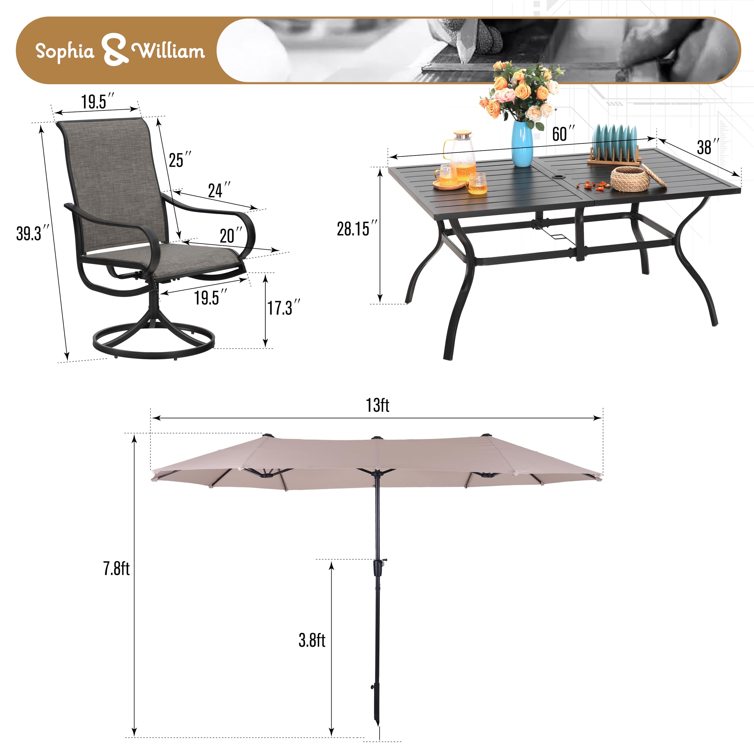 Sophia & William Patio Set with Umbrella 8 Pieces Outdoor Dining Set for 6 with 13ft Double-Sided Patio Umbrella Beige, 6 x Swivel Patio Chairs, 1 Metal Table for Lawn Garden