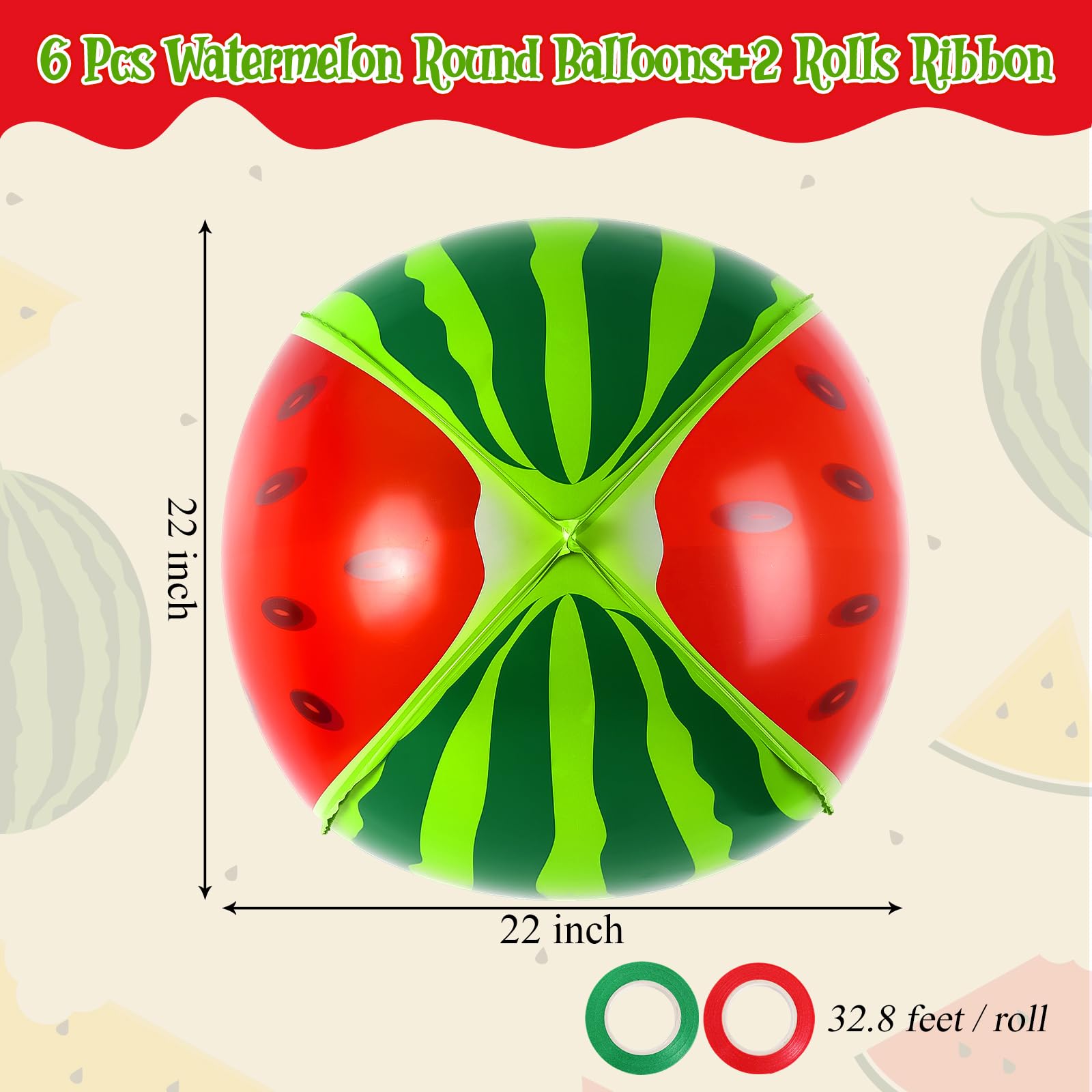 Watermelon Round Balloons, 6 Pcs Watermelon Foil Balloons, Large Sweet Fruit Mylar Balloons for Summer Themed Party Decoration Birthday Baby Shower