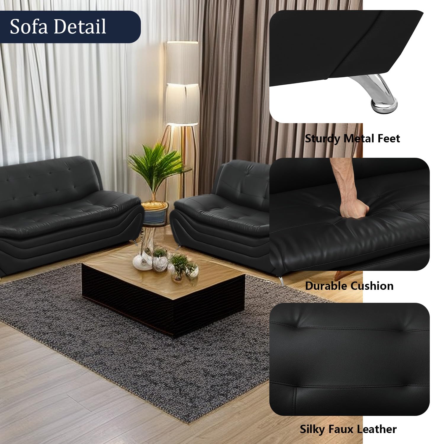 SIENWIEY Leather Couch Set, Living Room Couch Set, Black Modern 3 Seater Sofa and 2 Seater Loveseat 2 Piece Couch for Living Room Furniture Sets,Faux Leather