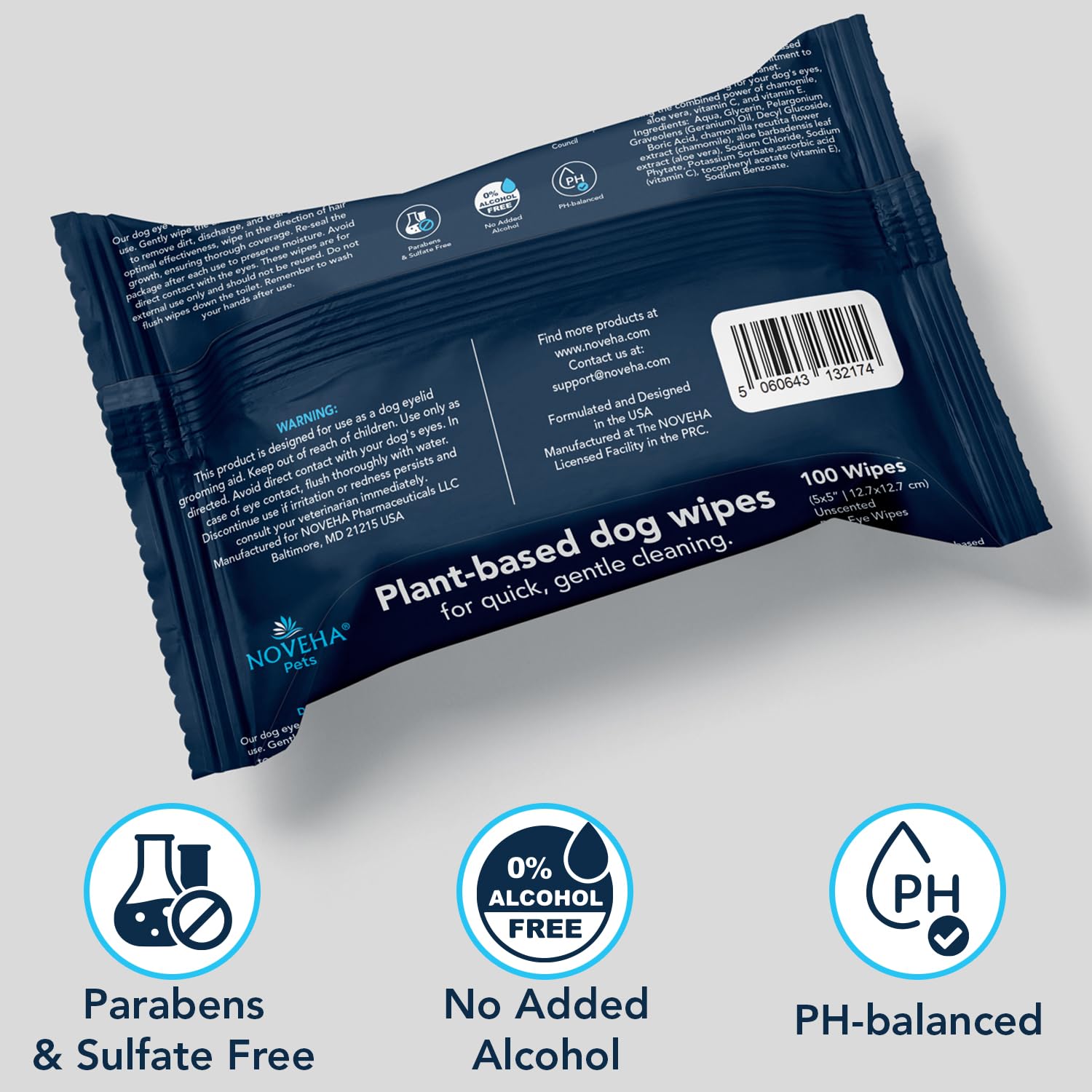 NOVEHA Dog Eye Wipes - Plant-Based Eye Wipes for Dogs - Formulated to Remove Eye Debris, Tear Stains & Eye Discharge - Safe, Convenient, and Large Unscented Wipes (100 Counts, Single Packaging)