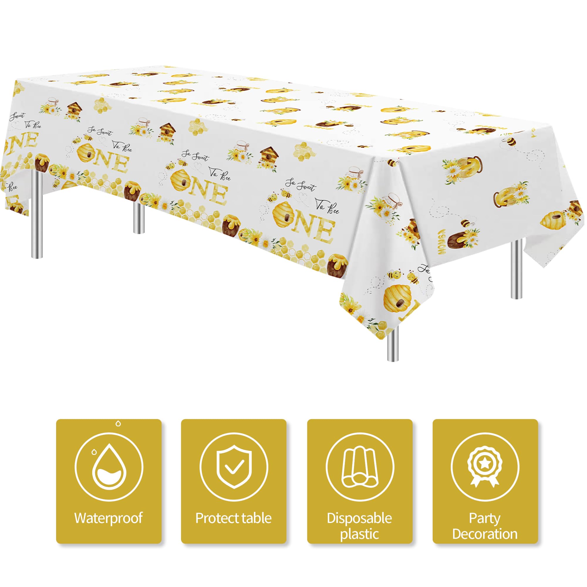 APOWBLS Bee 1st Birthday Party Decorations Tablecloth - Disposable Bumble Bee Frist Birthday Supplies Table Cover, Bee Table Decorations for One-Year-Old Birthday Table Cloth - 3 Pack (54in x 108in)