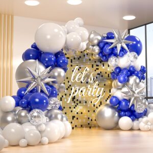 blue and silver balloons garland arch kit, 156 pack royal blue and white silver confetti balloons 18" 12" 10" 5" with starburst foil balloons for birthday 2024 graduation party decorations