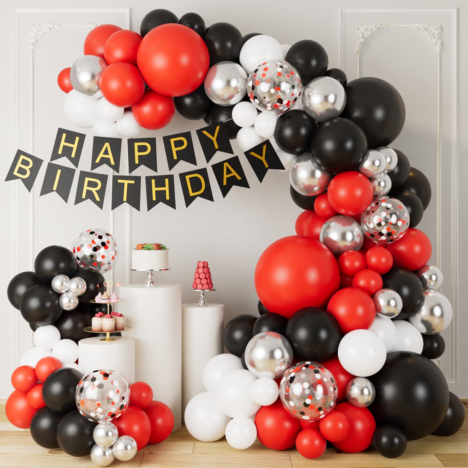 Grcypa Red Black and White Balloon Garland Arch Kit with Red Black White Silver Balloons Confetti Balloons for Graduation Baby Shower Birthday New Year Wedding Racing Car Poker Party Decorations