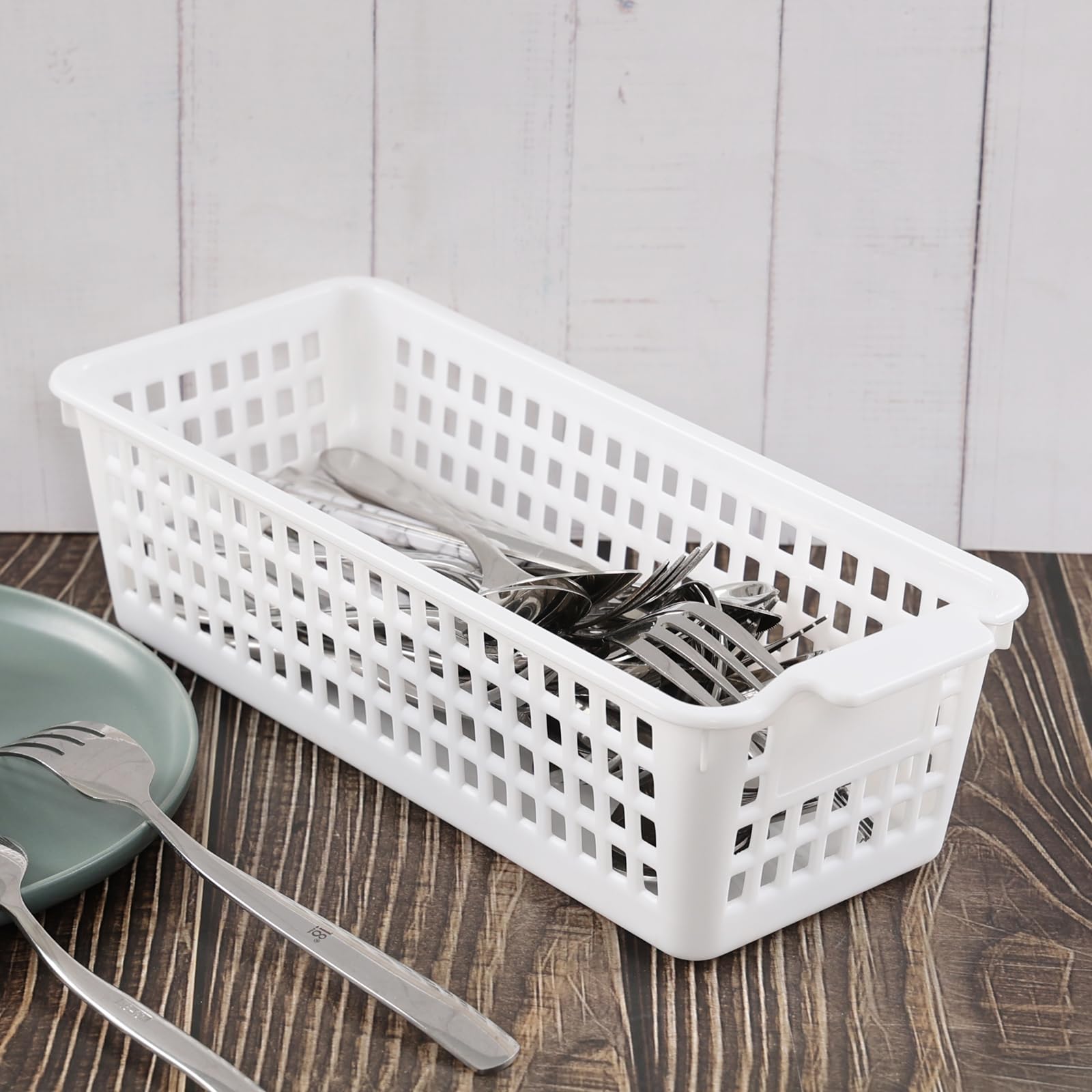 Easymanie 6 Pack Slim Plastic Storage Basket, Small Desktop Organizing Basket, White