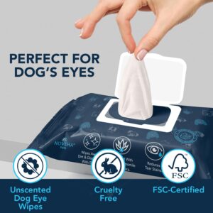 NOVEHA Dog Eye Wipes - Plant-Based Eye Wipes for Dogs - Formulated to Remove Eye Debris, Tear Stains & Eye Discharge - Safe, Convenient, and Large Unscented Wipes (100 Counts, Single Packaging)