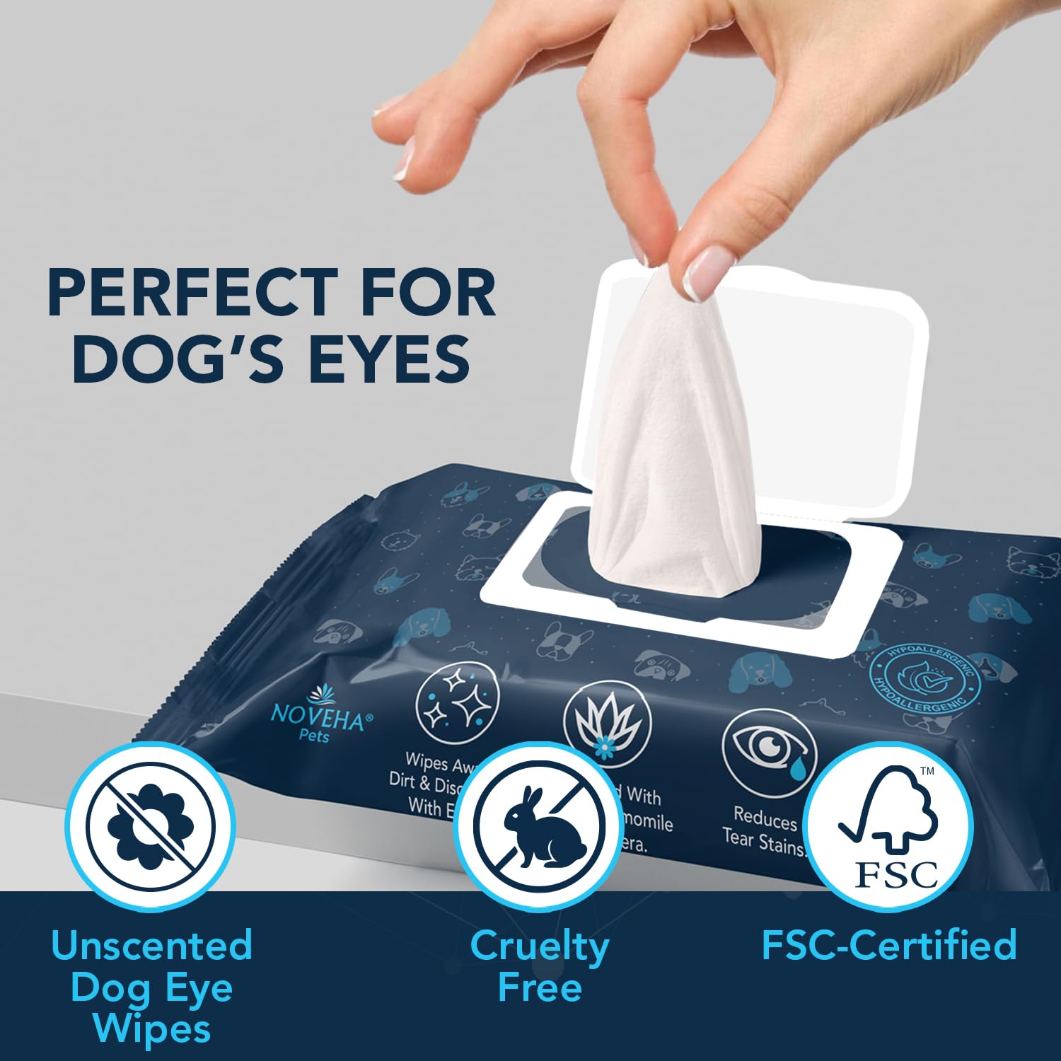 NOVEHA Dog Eye Wipes - Plant-Based Eye Wipes for Dogs - Formulated to Remove Eye Debris, Tear Stains & Eye Discharge - Safe, Convenient, and Large Unscented Wipes (100 Counts, Single Packaging)