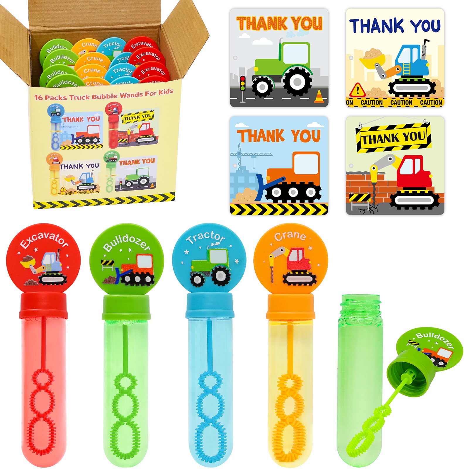 Construction Bubbles for Kids 16 Pack Wand Bubble with Thank You Cards Classroom Prizes Wedding Goodie Bag Stuffer Construction Birthday Party Supplies