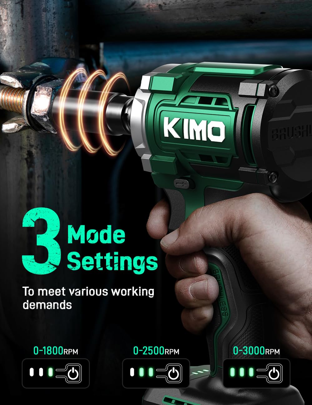 KIMO Impact Wrench 1/2 Inch with 814N.M/600ft-lbs Max Torque, 3 Mode Setting, 2 x 3000mAh Batteries, 3000 RPM, 1 Hour Fast Charger, 1/2 Impact Gun with Variable Speeds, 20V Impact Driver for Car Home