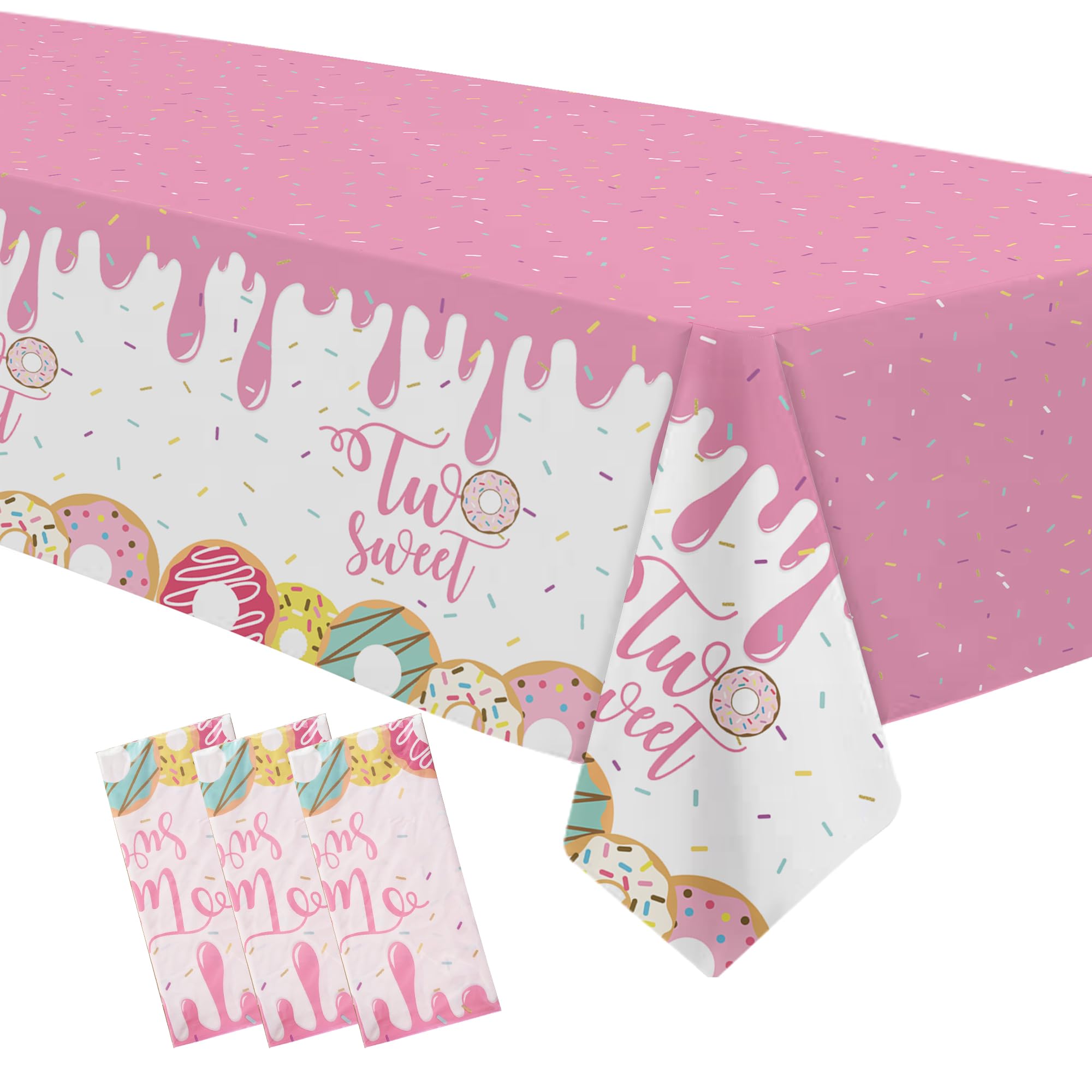 APOWBLS Donut Two Sweet Birthday Decorations Tablecloth Girl - Disposable Donut 2nd Birthday Party Supplies Table Cover, Pink Donut Two Year Old Birthday Table Cloth - 3Pack (54in x 108in)