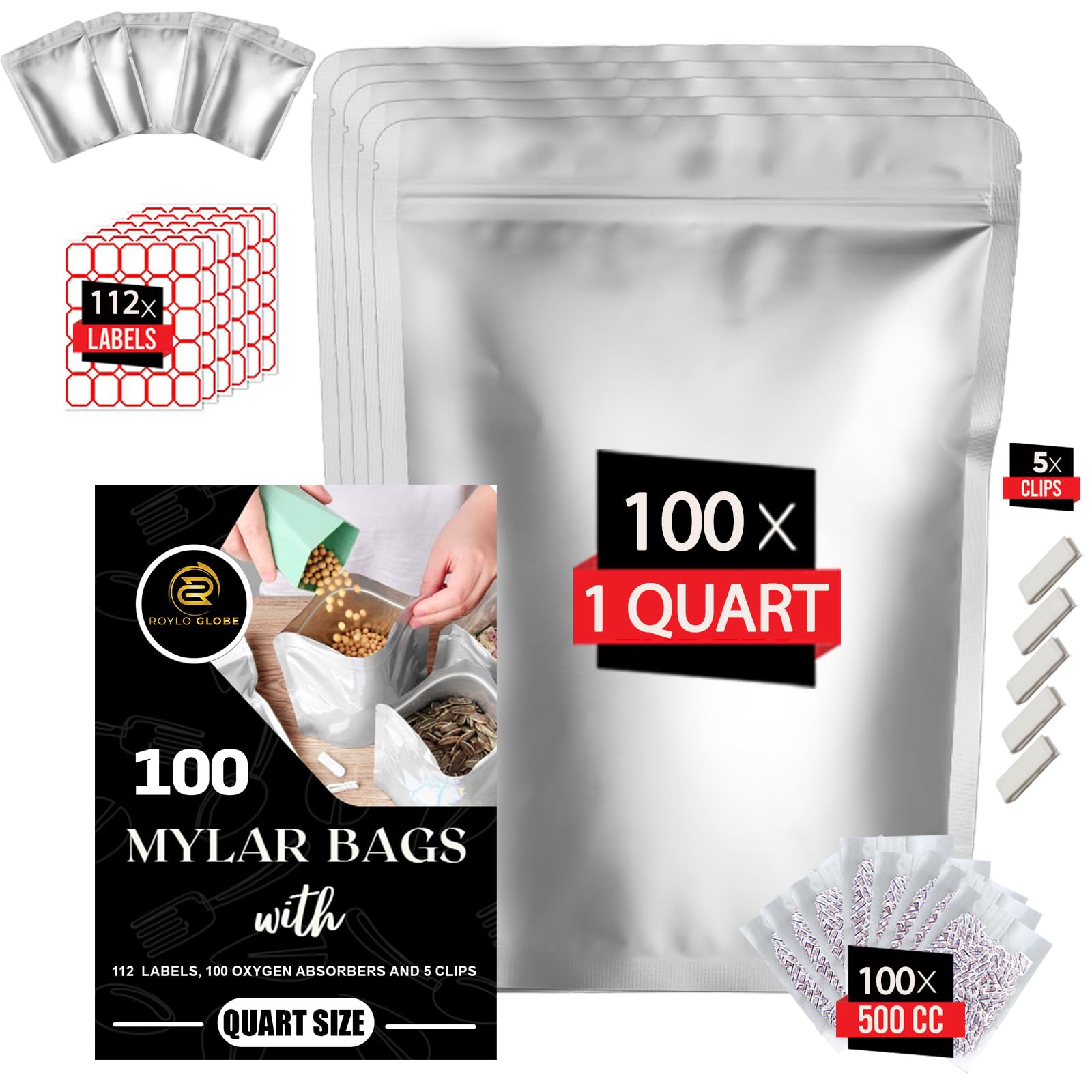 100pcs Quart Mylar Bags with 500cc Oxygen Absorbers-112 Labels & Stand-Up Reusable Bags- Airtight Smell Proof Bags- Resealable Bags with 5 Clips -10 MIL Food Storage Bags- Large Mylar Bags