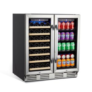 30 inch wine and beverage refrigerator, 33 bottles & 96 cans wine cooler refrigerator, dual zone wine cooler with glass door and lock, built in or freestanding under counter wine fridge