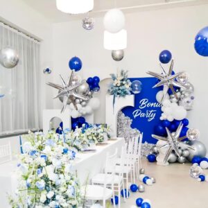 Blue and Silver Balloons Garland Arch Kit, 156 Pack Royal blue and White Silver Confetti Balloons 18" 12" 10" 5" with Starburst Foil Balloons For Birthday 2024 Graduation Party Decorations